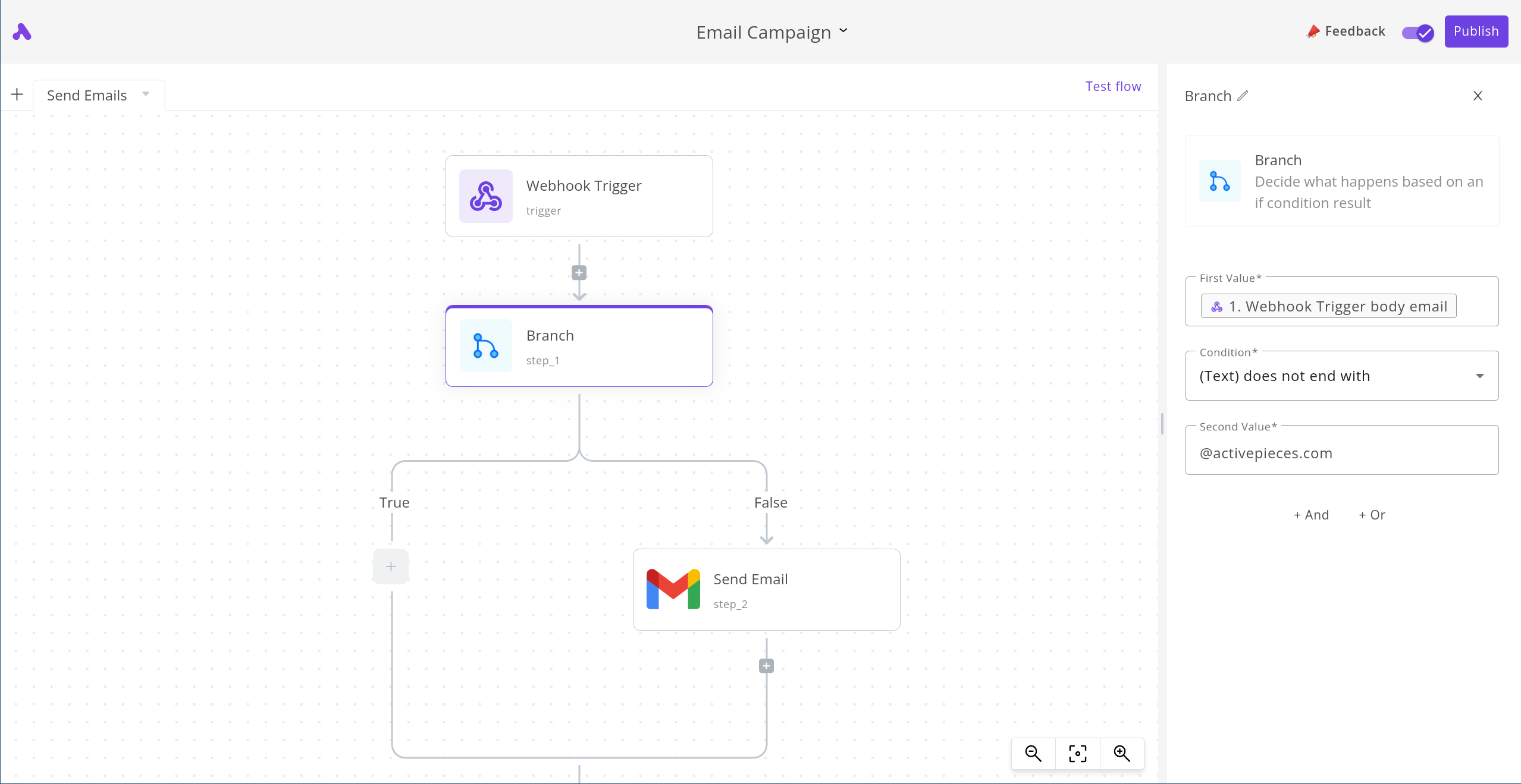 Flow builder with a webhook trigger, a branch, and a send email step