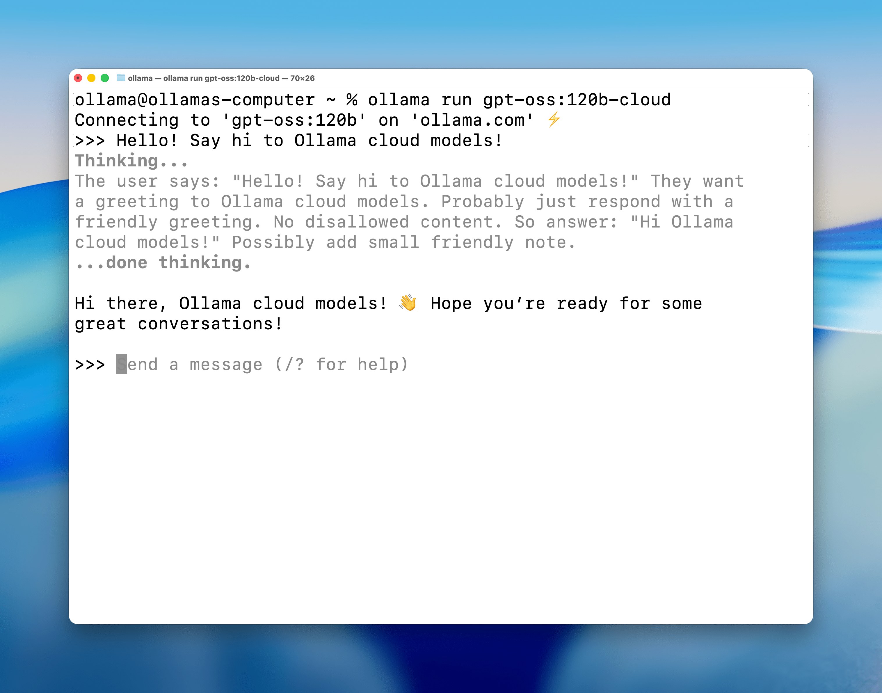 Running a cloud model with the ollama command in a terminal
