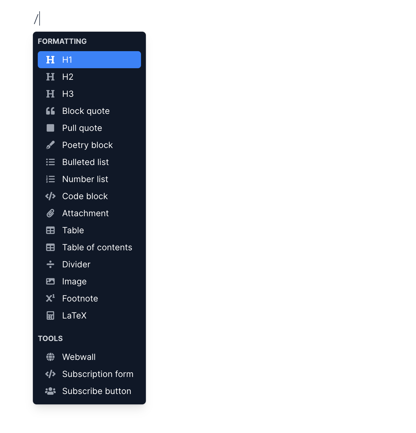 Slash menu with formatting blocks in the Buttondown editor