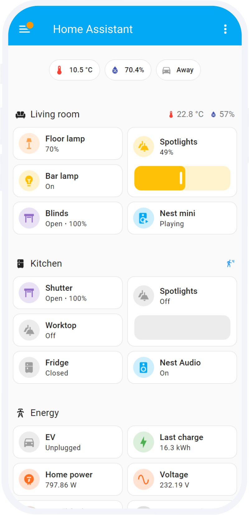 Home Assistant mobile dashboard with living room, kitchen, and energy cards